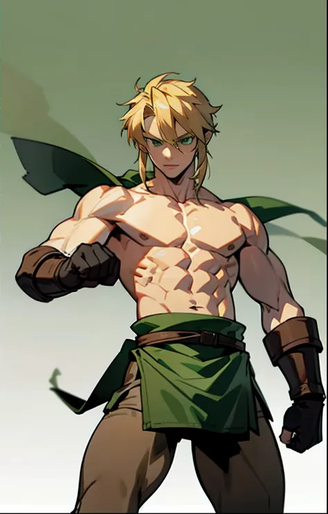 blond, tall, green-eyed guy, viking style, russian hero style, strong,  anime style, anime  , link, gloves, standing, muscular, topless , (muscular:0.4)(from above:0.4), plain background,sport, (plain simple background:1.3),fists