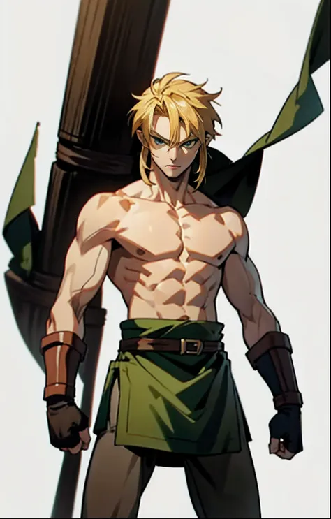 blond, tall, green-eyed guy, viking style, russian hero style, strong,  anime style, anime  , link, gloves, standing, muscular, topless , (muscular:0.2)(from above:0.4), plain background,sport, (plain simple background:1.1),fists