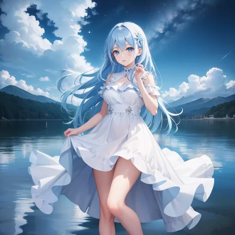 Pretty girl、4K , masutepiece , Sky blue hair , White Dress, Light blue eyes , Night , Starry sky, Lake water, Full body portrait , Face Highlights, Auto Adjust, Image Quality Optimization - Selection_Second_best