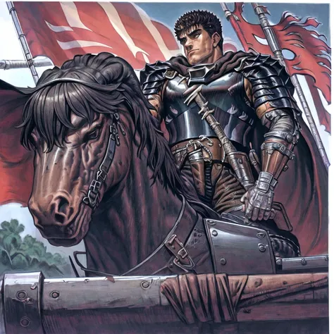 masterpiece, best quality, highly detailed, guts (berserk), armor, bandages, black hair, cape, flag, helmet, horse, horseback riding, male focus, manly, multiple boys, polearm, riding, scar, sheath, sword, traditional media, weapon