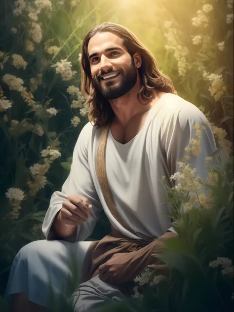 Seth Rollins como Jesus Cristo, sorrindo e feliz, wearing tunic, focar nos detalhes do rosto, cabelo escuro preto, semelhante ao seth rollins, wearing the long beige tunic of Jesus, Biblical style of Jesus, imagem realista, fundo da imagem preto escuro , m...