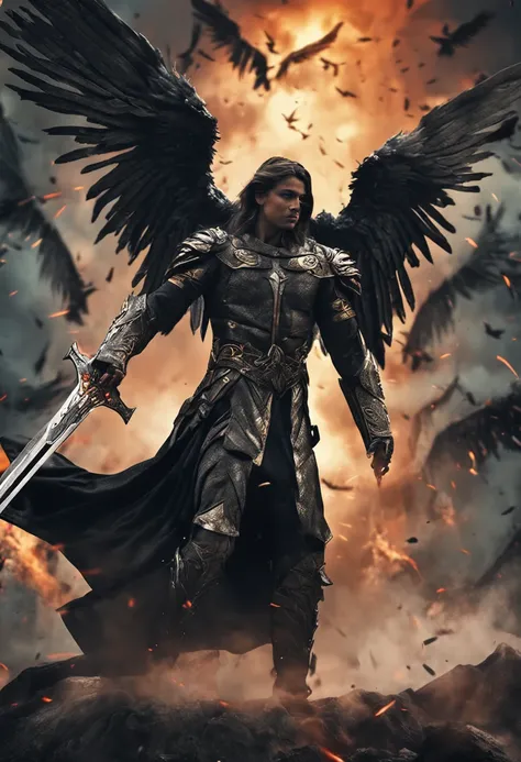 Realistic, 4K, Angels with big wings, Black clothes, one sword, Head hood in war background image (chaos)