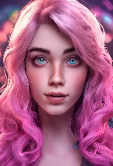 uma mulher de anime branca com cabelo e olhos em degrade roxo e rosa com base em 16 anos.