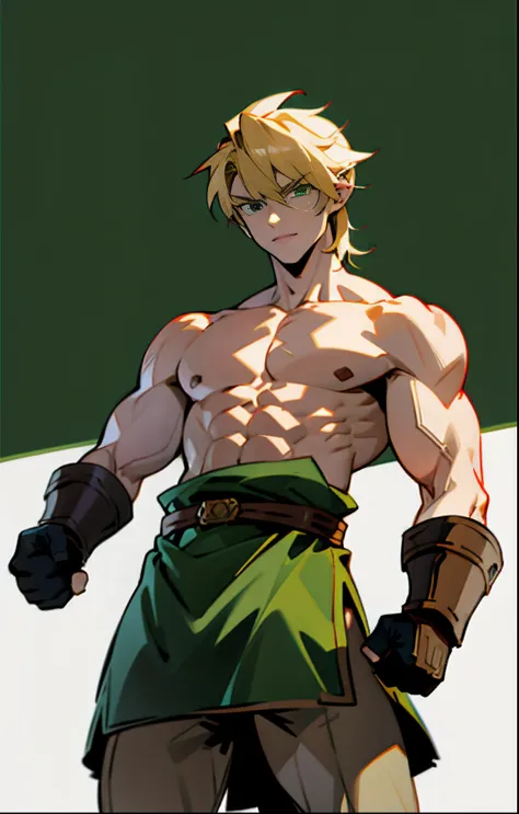 blond, tall, green-eyed guy, viking style, russian hero style, strong,  anime style, anime  , link, gloves, standing, muscular, ...