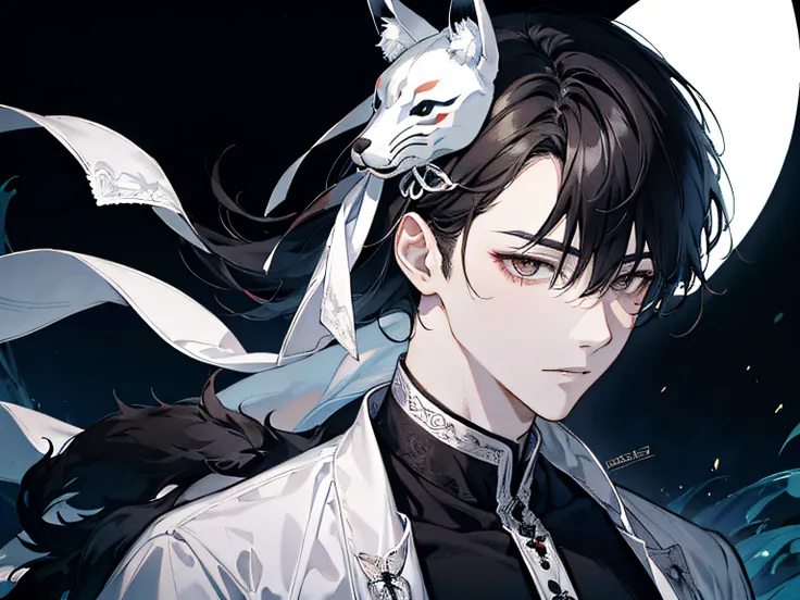 manhwa style drawing, white man with black hair and a face mask holding a fox skull