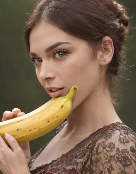 mulher visivelmente surpresa e encantada, holding a giant banana with one hand. Your eyes are wide open, expressing a mixture of shock and admiration as she holds the banana close to her face. Her hands are delicately resting on the banana, and his mouth i...