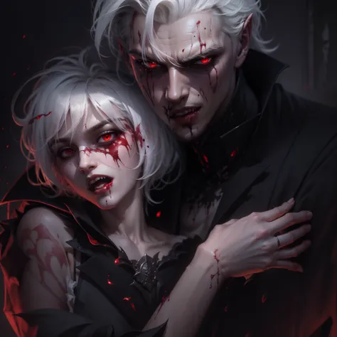 A male vampire with short white hair, Dark clothes in the old style, Interesting posture, Close angle, Bites, drinks blood on a girls thigh, Interesting lighting, Masterpiece, Dark Fantasy, Blood and fear