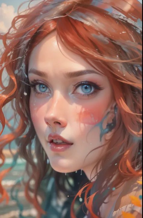 Award-winning artificial intelligence splattered a portrait of a Waterhouse dye with wild hair in a colorful, modest swimsuit; She has beautiful eyes, Beautiful mouth and milky skin; She poses with her hands behind her head on a white beach, in a colorful ...