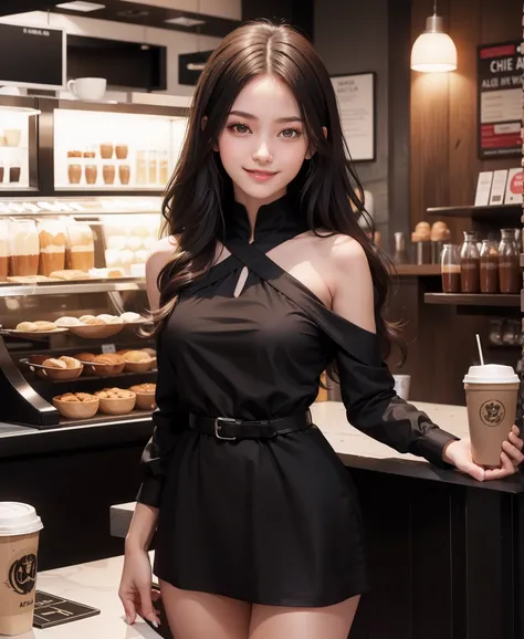 A girl standing beside coffee shop, wearing a ( black dress 1.1) Smiling, dark brown colour hair, perfect body figure, beautiful & sexy