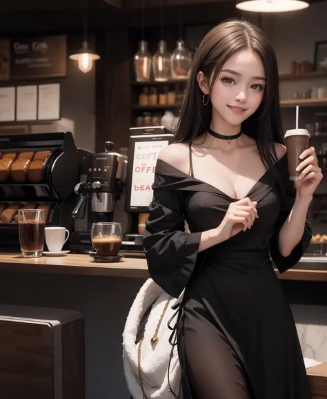 A girl standing beside coffee shop, wearing a ( black dress 1.1) Smiling, dark brown colour hair, perfect body figure, beautiful & sexy