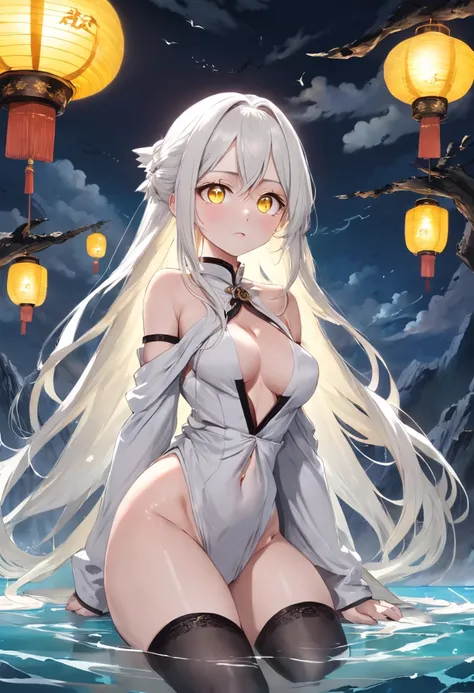 Yellow pupil，Lazy expression，Long white hair and white stockings，Siamese black silk，dont have clothes，bare shoulders​，Huge breasts， Tall，China-style，Sea of clouds