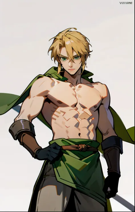 blond, tall, green-eyed guy, viking style, russian hero style, strong,  anime style, anime  , link, gloves, standing, topless , ...