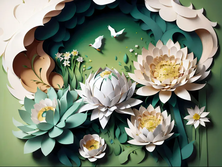 (((tmasterpiece))),best qualityer, illustratio, Dense woods,Green grass，fresh flowers，Paper_cut，2D plane