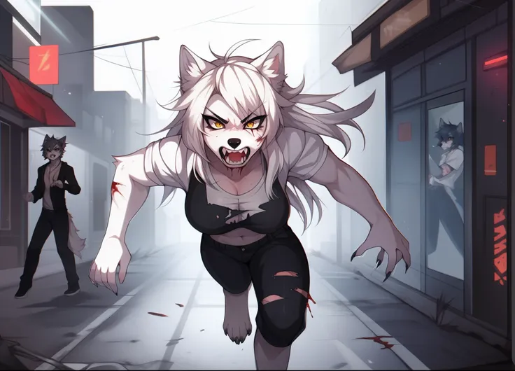 a female white wolf, long white hair, black nose, cute snout,  white wolf tail, white fluffy ears, one ear torn off, missing an ear, wearing ripped white shirt, ripped black pants, bloody clothes, yellow eyes, black_sclera:1.1, angry, snarling, baring teet...