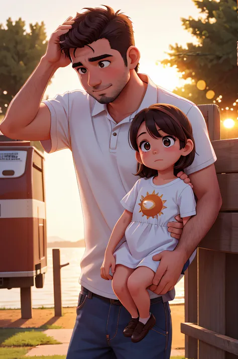 Fatherly Tenderness: The father expresses affection as they watch the sun go down with their daughter.