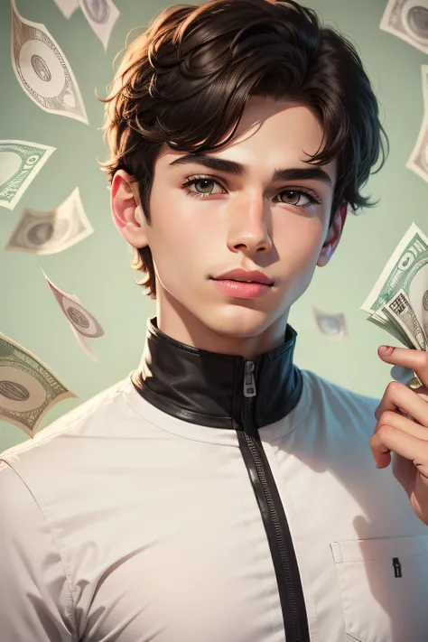 best quality, 1boy, solo, cartoon portrait, background with money notes, short hair, pink lips,