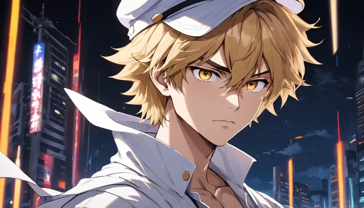 Young man with sharp features, An ominous look into the frame, smirk, golden wavy hair up to the shoulders, square, white coat, white striped shirt, white classic hat with medium brim, digital arts, Anime style, tense atmosphere