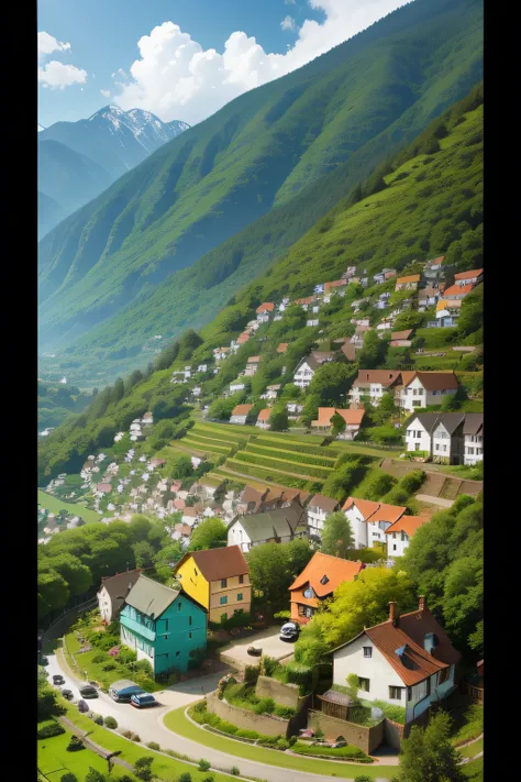 A picturesque small village with vibrant and charming colorful houses nestled amidst lush greenery.