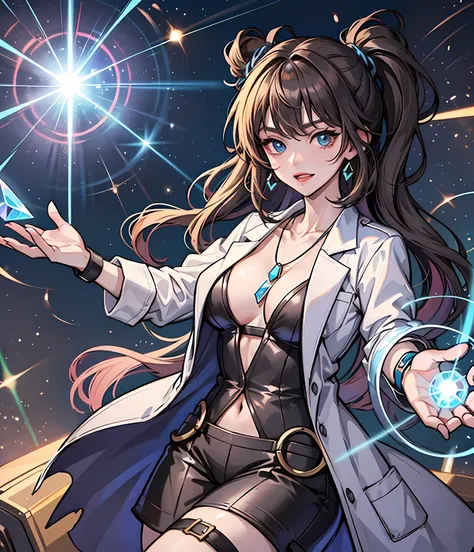 A quantum physicist who stumbles upon time-travel anomalies. She wears a lab coat and a necklace with a quantum entanglement symbol. Her time-travel device is a wristband with glowing crystals that emit a mysterious energy.