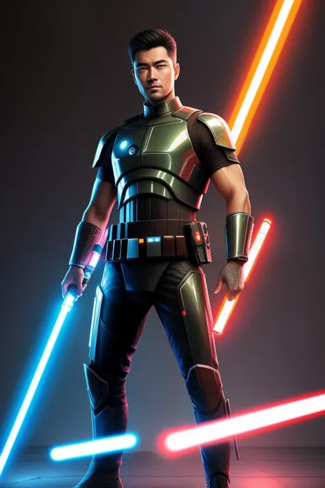 ((Full body shot)), (Best quality, Masterpiece), (Ultra-detailed colors), A handsome and charming 35-year-old Asian arm，Surrounded by a series of glowing lightsabers, Second Zodiac Palace, Hyper-realistic, Ruined barracks, Futuristic Star Wars city backgro...