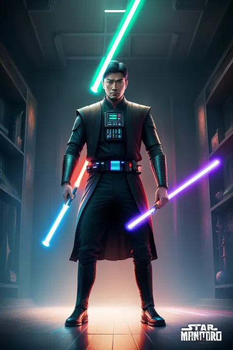 ((Full body shot)), (Best quality, Masterpiece), (Ultra-detailed colors), A handsome and charming 35-year-old Asian arm，Surrounded by a series of glowing lightsabers, Second Zodiac Palace, Hyper-realistic, Ruined barracks, Futuristic Star Wars city backgro...