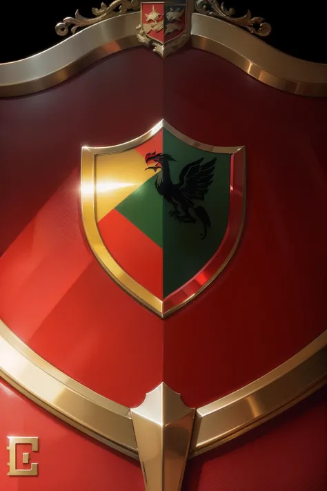 red and metallic shield, coat of arms, close-up, displaying a set os scales as a logo. green wear and tear minor details. no background. empty black background. no humans, no body, no persons. no animals, no characters.