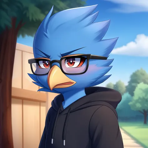 Berdly from Deltarune, professional art made by twistedscarlett60, male, solo, avian, bird, blue body, blue feathers, blue skin, artist:twistedscarlett60, glasses, black hoodie, pout, angry, bust, chibi, cute, 8k, outdoors