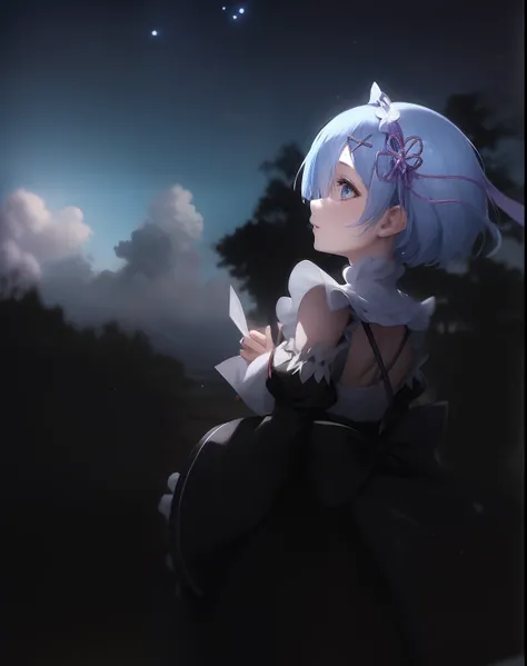 Rem from the anime re-zero sitting on a rock with a starry sky in the background, rem rezero |, 8k!, de touhou, 8k!!, 4k], 4 mil ], Tsuaii, anime moe artstyle, estilo anime 4K, Melhor Anime 4K Konachan Wallpaper, Feliz!!!, noite!!, Papel de parede anime 4k...