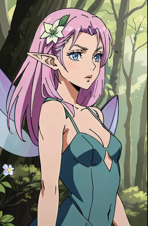 masterpiece, best quality, high quality, ultra-detailed illustration, extremely delicate and beautiful fairy 1girl, (light purple long hair), (blue eyes), (elf ears), (small breasts, sassy, green dress:1.2), (blue fairy wings:1.25), (pink hair flower:1.1),...