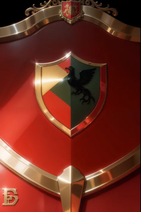 red and metallic shield, coat of arms, close-up, displaying a set os scales as a logo. green wear and tear minor details. no background. empty black background. no humans, no body, no persons. no animals, no characters.