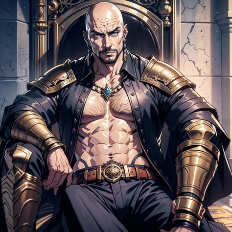 Castlevania Lord of the Shadows hyper realistic super detailed muscular handsome warrior handsome wearing full Wear covers whole body bald wearing medieval Moroccan leather armor Porter hyper realistic super detailed sitting in large Moroccan legendary thr...