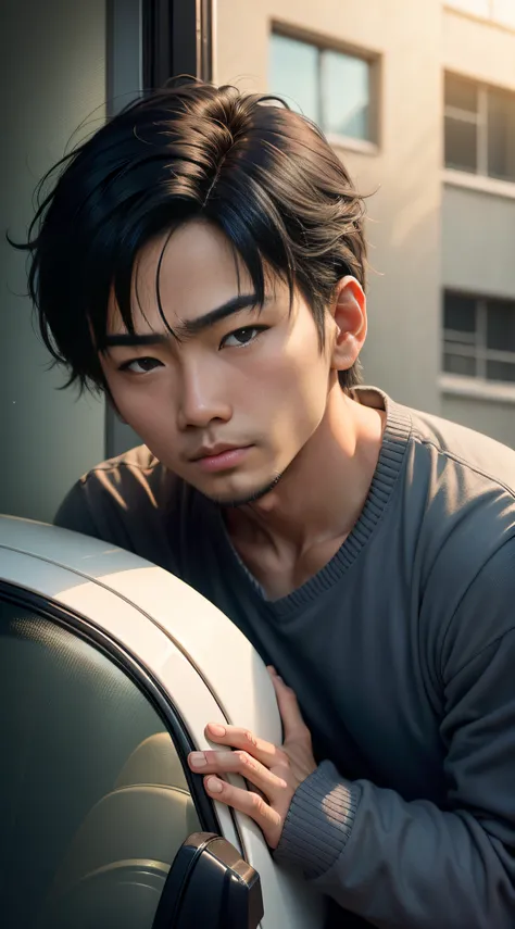 Close-up of the face of an Asian man leaning his head against the window, missing his lover