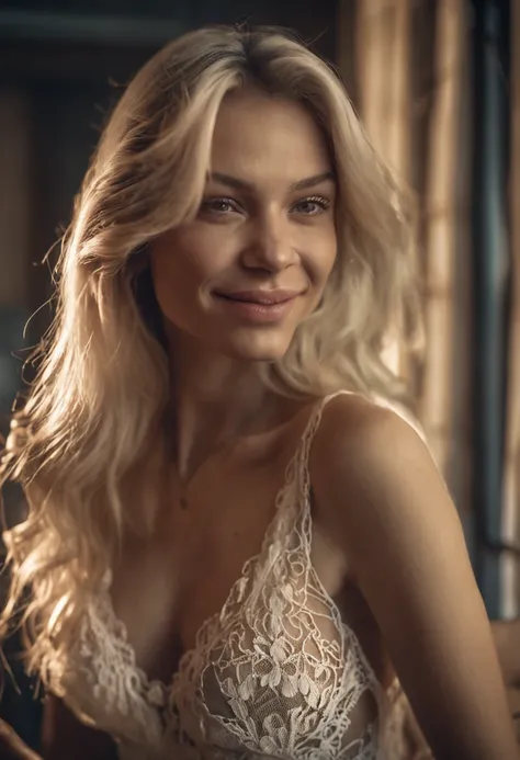 RAW, analog, Nikon Z 85mm,((best quality)), ((masterpiece)), ((realistic)),vintage image, gorgeous russian woman, blond, 22 year old, posing in a hotel wearing lingerie, wearing lingerie petite, smile with teeth showing, ((small breasts)), intricate detail...