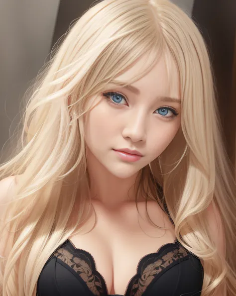 Blonde Frau mit blauen Augen und langen blonden Haaren im schwarzen BH, beautiful blonde girl, beautiful blonde woman, blonde beautiful young woman, long blonde hair and large eyes, a beautiful blonde, blonde and attractive features, blonde hair and large ...