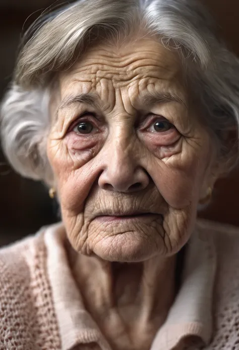 Describe an image of an elderly woman of advanced age, whose face reflects a deep sadness. The image should be high quality and realistic, capturing every detail of the melancholy expression on your face. Wrinkles on your skin and teary eyes should tell st...