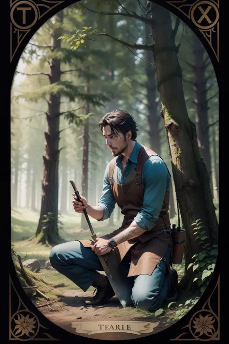 makes a tarot-style picture of a man cutting tree with an ax