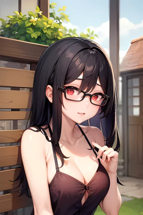 1girl, black hair, glasses, summer outfit, red eyes, accurate fingers, house room, (masterpiece), best quality, expressive eyes, perfect face, armpits