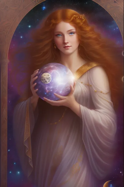 a beautiful heavenly redheaded priestess with soft features in a galaxy outter space background wearing goddess clothing holding a ball of light in her hands with the moon behind her.