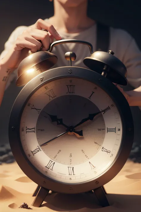 A metaphorical image representing time as a sand clock and various people around. Some people are letting the clock run out, representando falta de compromisso e pontualidade. Others try in vain to fix broken clocks, representando relacionamentos danificad...