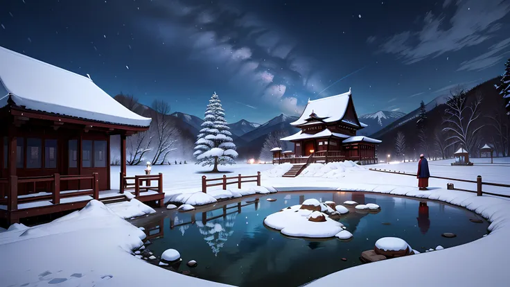 Three wise monks in a peaceful mountain retreat, illuminated by the light of a crystal-clear water well, with a snow-covered Buddhist temple in the background.