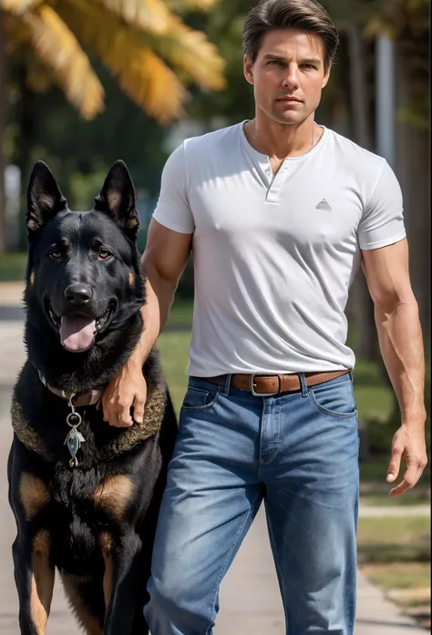 Uma render ..3d de um homem de 32 anos de corpo similar a tom cruise, Branco, vestido jeans escuro tradicional, e um moleton preto acinzentado. Next to it is your German Shepherd dog in alpha magestosa position, ambos em ambiente desfocado em meio a nature...