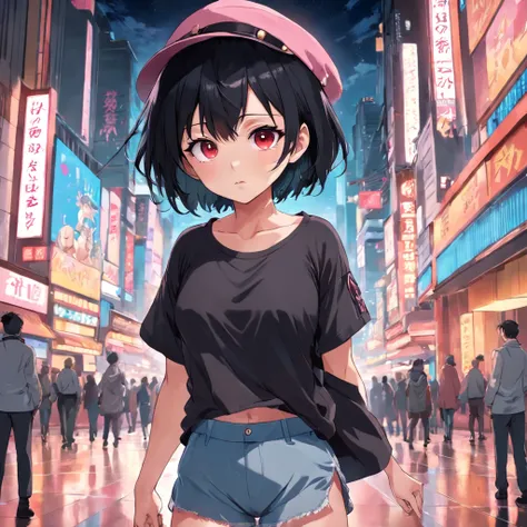 1girl, black hair, short hair, brown eyes, one shirt, no pants, one hat, pink underwear, in the city, looking at viewer, blush,