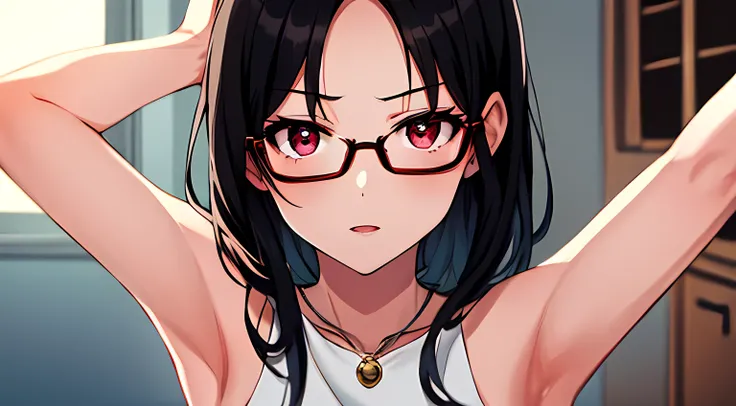 1girl, black hair, glasses, summer outfit, red eyes, accurate fingers, house room, (masterpiece), best quality, expressive eyes, perfect face, armpits