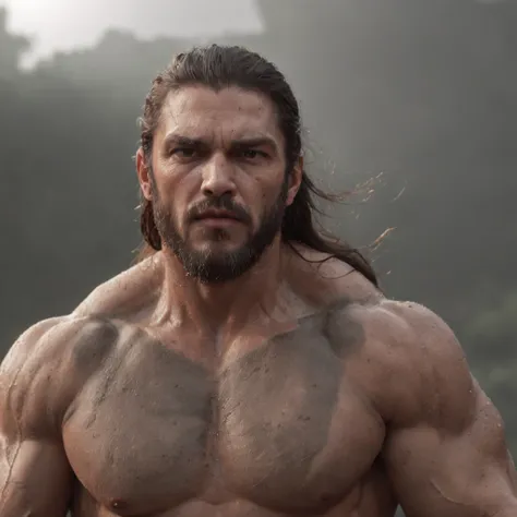 (Professional 3D rendering:1.3) de (Realistic:1.3) Foto de arte mais bonita do mundo，Features soft, bright male heroes, ((Epic hero fantasy rough muscular man wet hero angry look long hair short beard and fierce expression in dynamic pose, fantastic locati...