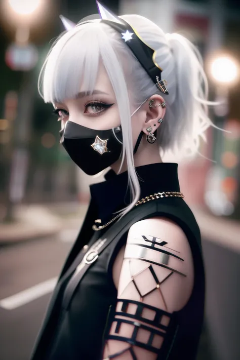 goth_punk, 1girl, solo, medium shot, walking in harajuku, ((night time)), bokeh, neon light, iridescent eyes, starry sky, white shimmer hair, white eyebrow, glowing hair, (iridescent white hair), earrings, bangs, jewelry, mask, blunt bangs, green eyes, mou...