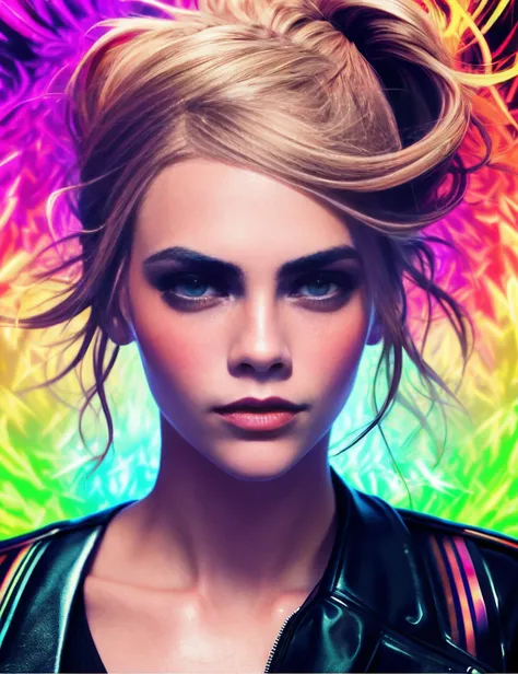 photo of a gorgeous 20-year-old Cara delevigne (2013) by Mario Testino, (tron legacy, lascivious poses), (detailed face, neon, psychedelic, kaleidoscopic background), smiling, stunningly beautiful, zeiss lens, half length shot, detailed, ultra realistic, a...