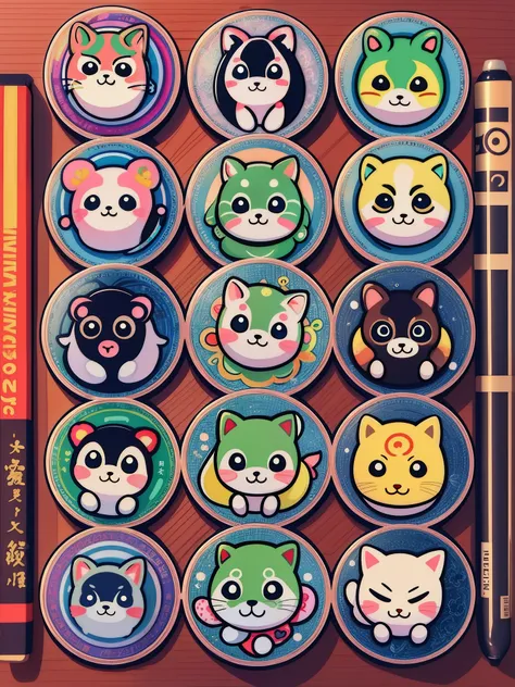 there are many different animals and words written in chinese, hand painted cartoon art style, art cover, kawaii cutest sticker ever, sticker illustration, by Shiba Kōkan, by Kōno Michisei, cute features, 中 元 节, by Gusukuma Seihō, stickers illustrations, c...