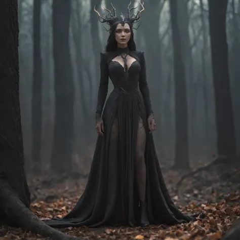 A mysterious witch, perfect butt, sexiest clothes, multicolor chaos energy, standing in a dark forest of barren trees, glowing with a powerful energy. Realistic, stunning realistic photograph, 3d render, octane render, intricately detailed, cinematic, tren...