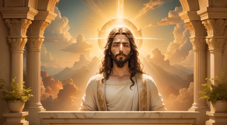 Nesta cena, Jesus is portrayed in heaven, irradiando divindade e serenidade. The atmosphere is ethereal, com suaves raios de luz iluminando os arredores. The composition is carefully framed, capturando Jesus no centro, surrounded by a paradisiacal setting....