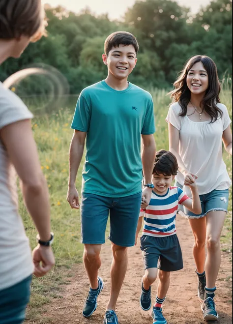 a modern inclusive family having fun together doing outdoor activities, award winng photography capturing moments in life, hyper realistic, ultra detailed, cinematic lighting, sharp focus, depth of field, 4k, happy memories, no text, wide shot, 70s family ...